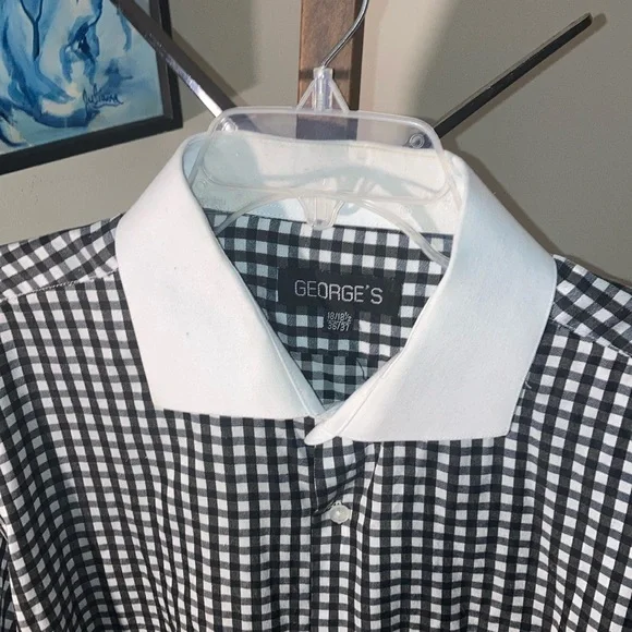 Georges | Men’s Black/White Checkered Dress Shirt - Size 18/18 1/2 36/37 - Picture 7 of 12